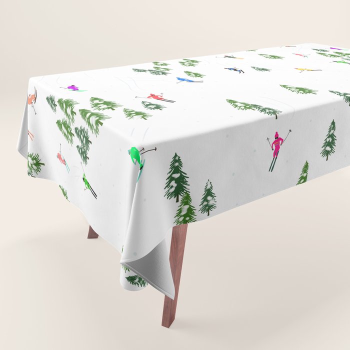 Downhill Mountain Aerial View Skiers - Winter skiing illustration Tablecloth Gallery Image 1
