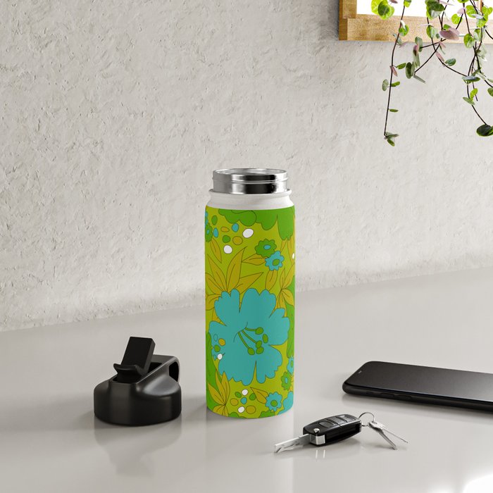 Green, Turquoise, and White Retro Flower Design Pattern Water Bottle Gallery Image 5
