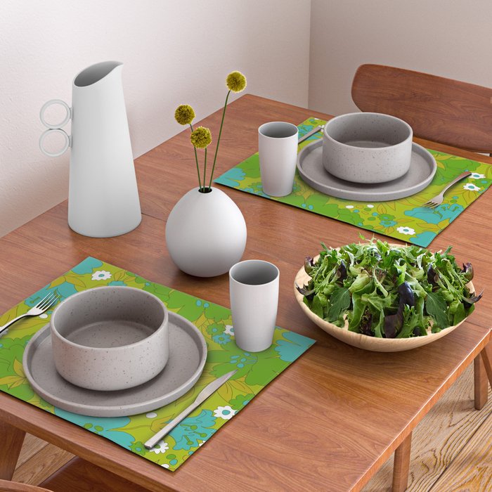 Green, Turquoise, and White Retro Flower Design Pattern Placemat Gallery Image 2