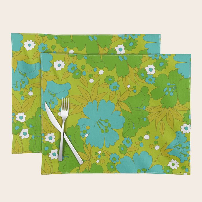 Green, Turquoise, and White Retro Flower Design Pattern Placemat Gallery Image 1