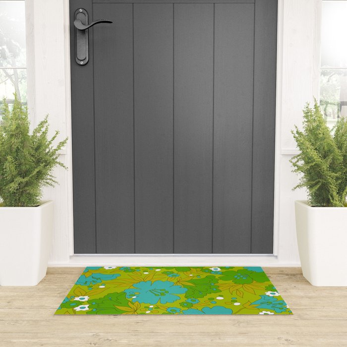 Green, Turquoise, and White Retro Flower Design Pattern Welcome Mat Gallery Image 3