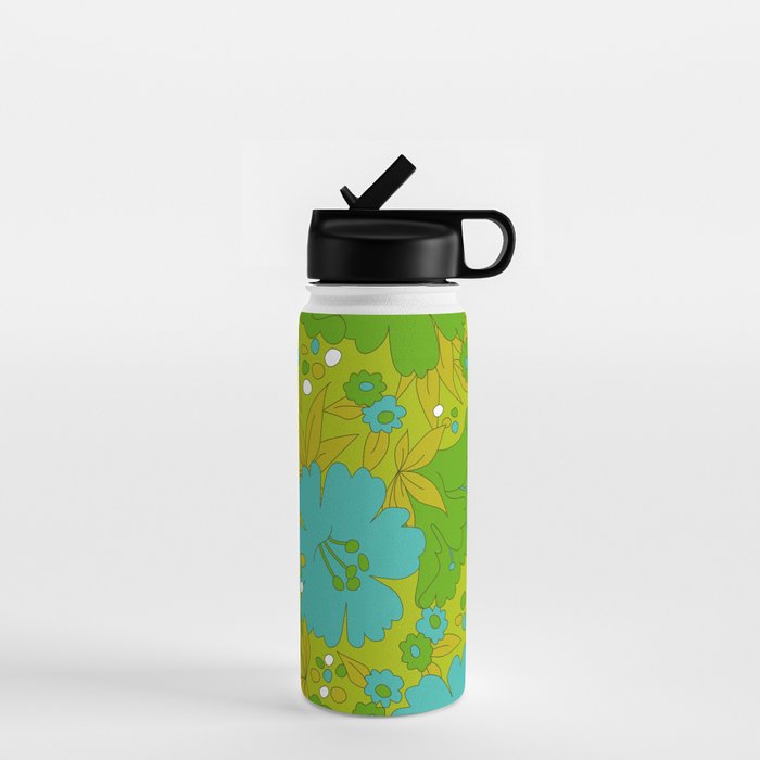 Green, Turquoise, and White Retro Flower Design Pattern Water Bottle Gallery Image 1