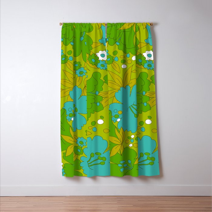 Green, Turquoise, and White Retro Flower Design Pattern Window Curtain Gallery Image 3
