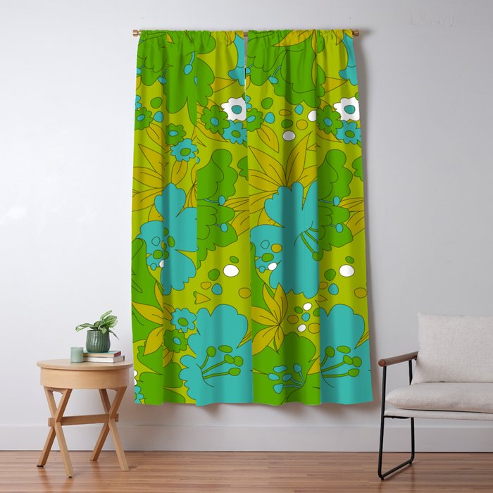 Green, Turquoise, and White Retro Flower Design Pattern Window Curtain Gallery Image 5