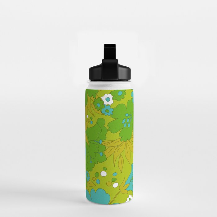 Green, Turquoise, and White Retro Flower Design Pattern Water Bottle Gallery Image 2