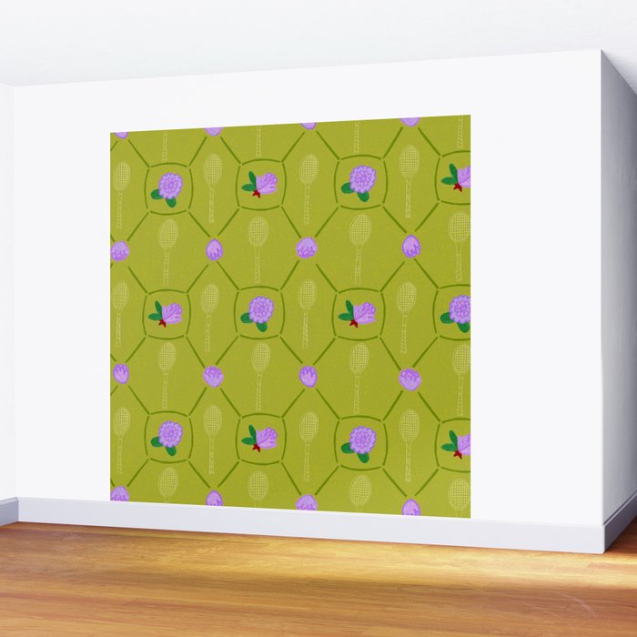 Tennis Rackets & Roses in Lime & Lavender Wall Mural Gallery Image 2
