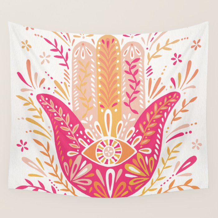 Hamsa Hand â Pink & Peach Palette Wall Tapestry Gallery Image 1