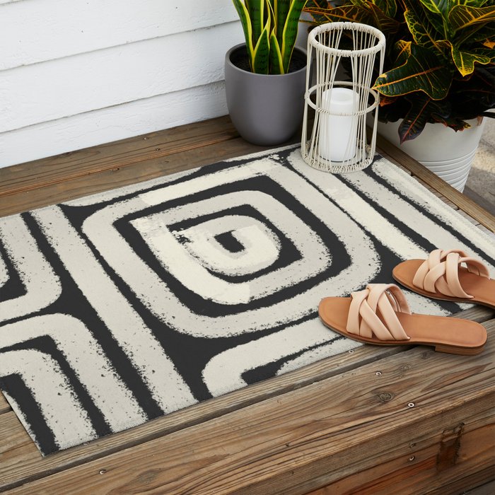 Boho black and white tribal design Outdoor Rug Gallery Image 2