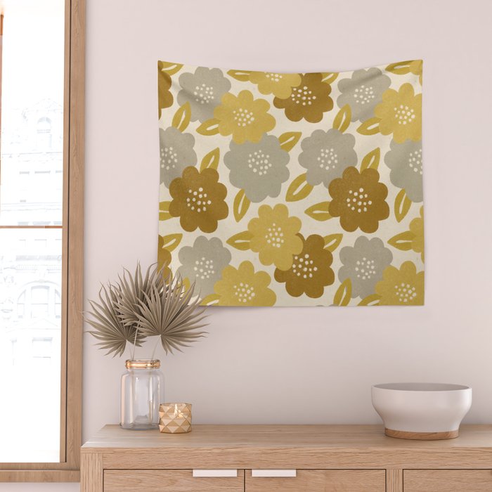 Warm Neutral Floral Pattern Wall Tapestry Gallery Image 2