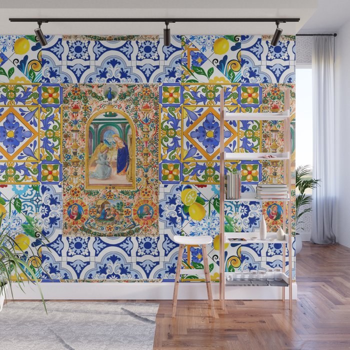 Italian,Sicilian art,holy Mary,Virgin Mary,maiolica,tiles,lemons,Citrus  Wall Mural Gallery Image 1