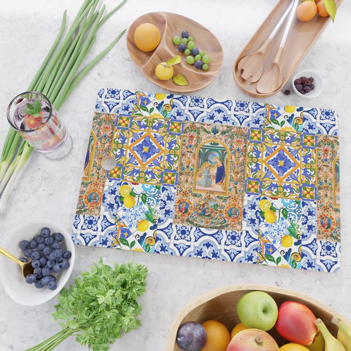 Italian,Sicilian art,holy Mary,Virgin Mary,maiolica,tiles,lemons,Citrus  Cutting Board Gallery Image 2