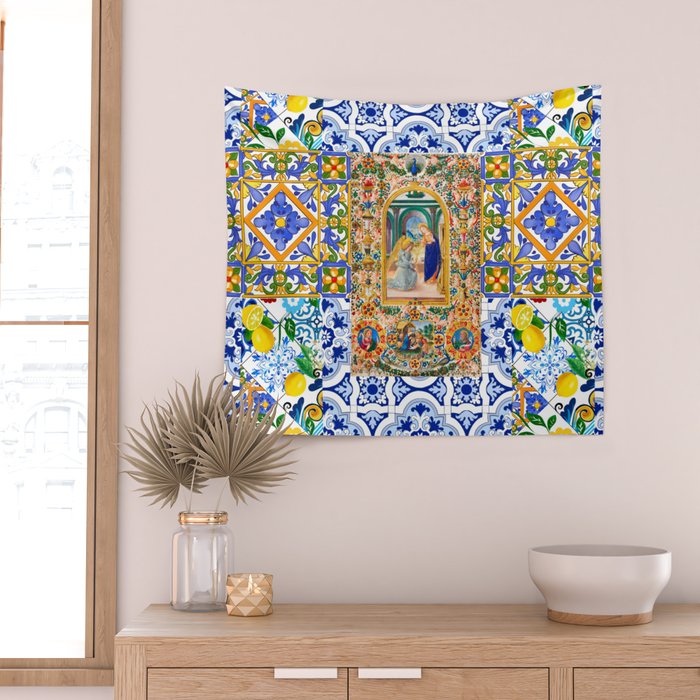 Italian,Sicilian art,holy Mary,Virgin Mary,maiolica,tiles,lemons,Citrus  Wall Tapestry Gallery Image 2