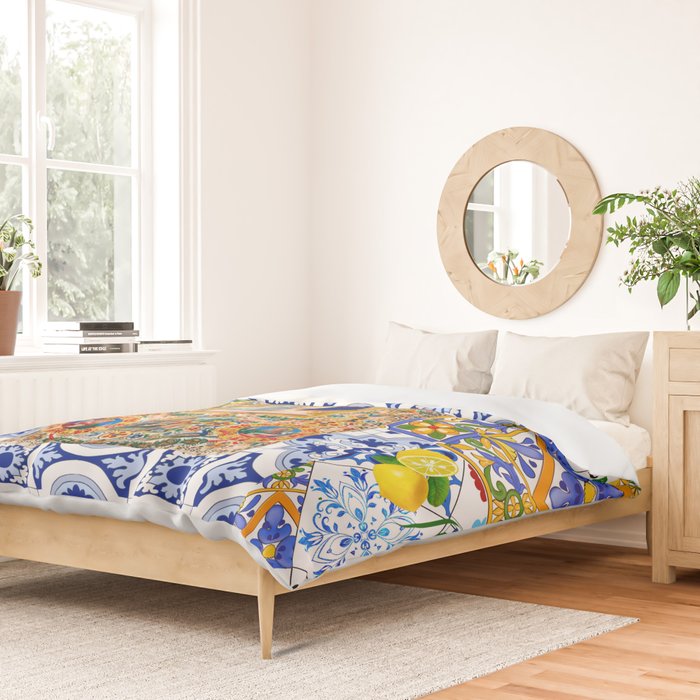 Italian,Sicilian art,holy Mary,Virgin Mary,maiolica,tiles,lemons,Citrus  Duvet Cover Gallery Image 2