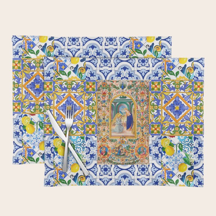 Italian,Sicilian art,holy Mary,Virgin Mary,maiolica,tiles,lemons,Citrus  Placemat Gallery Image 1