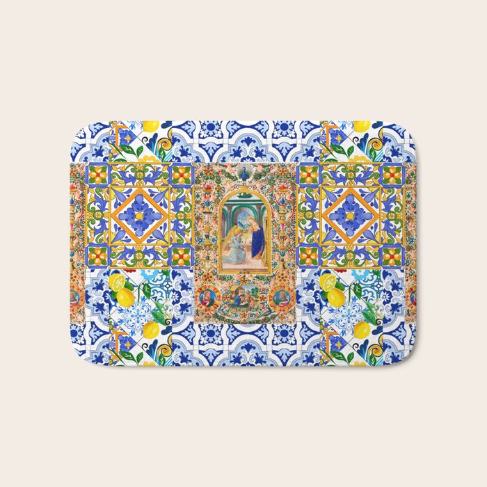 Italian,Sicilian art,holy Mary,Virgin Mary,maiolica,tiles,lemons,Citrus  Bath Mat Gallery Image 1