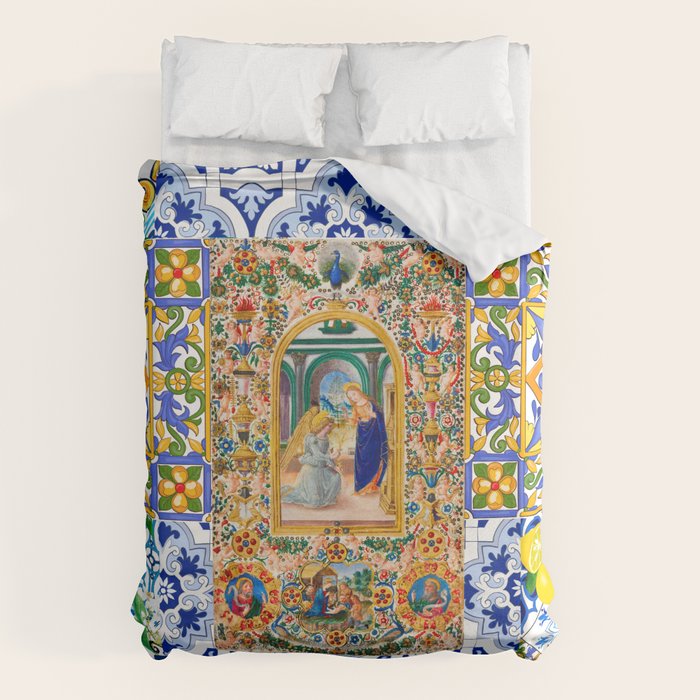 Italian,Sicilian art,holy Mary,Virgin Mary,maiolica,tiles,lemons,Citrus  Duvet Cover Gallery Image 6