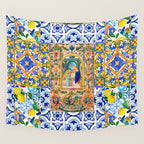 Italian,Sicilian art,holy Mary,Virgin Mary,maiolica,tiles,lemons,Citrus  Wall Tapestry Gallery Image 4