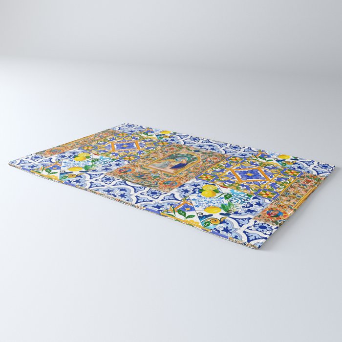 Italian,Sicilian art,holy Mary,Virgin Mary,maiolica,tiles,lemons,Citrus  Rug Gallery Image 3