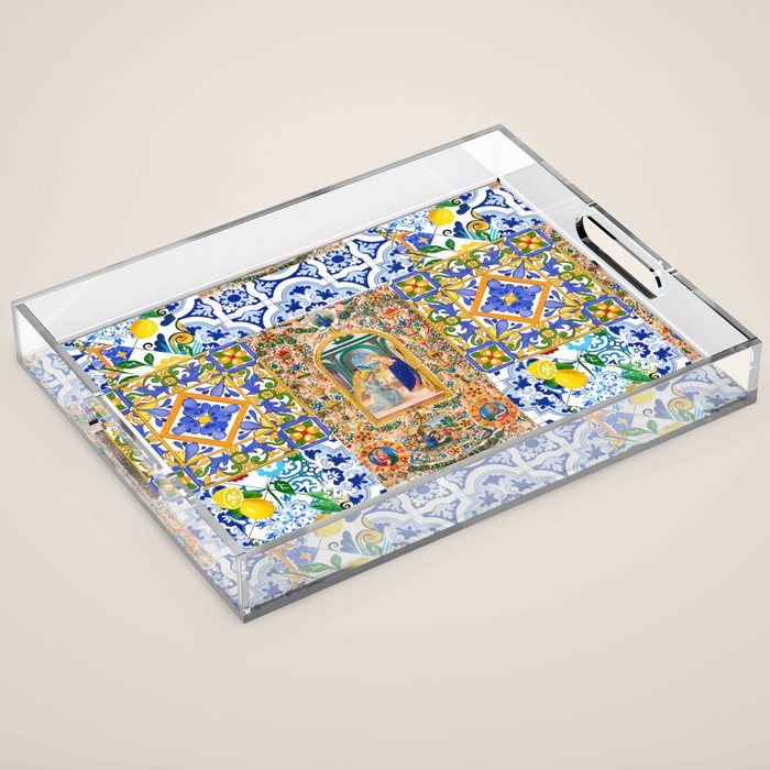 Italian,Sicilian art,holy Mary,Virgin Mary,maiolica,tiles,lemons,Citrus  Acrylic Tray Gallery Image 1
