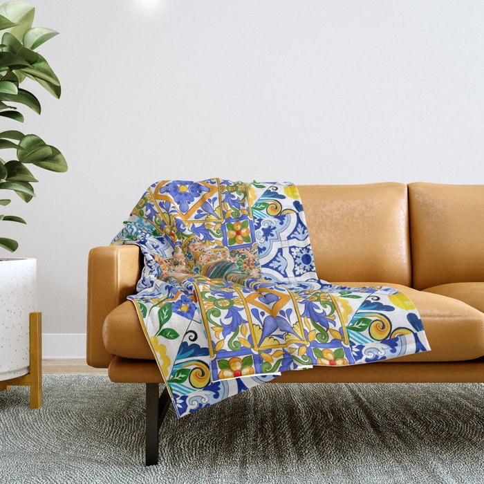 Italian,Sicilian art,holy Mary,Virgin Mary,maiolica,tiles,lemons,Citrus  Throw Blanket Gallery Image 1