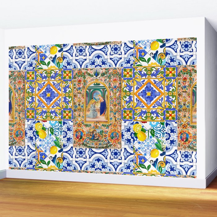 Italian,Sicilian art,holy Mary,Virgin Mary,maiolica,tiles,lemons,Citrus  Wall Mural Gallery Image 2