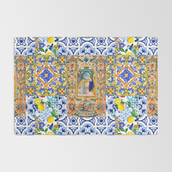 Italian,Sicilian art,holy Mary,Virgin Mary,maiolica,tiles,lemons,Citrus  Rug Gallery Image 2