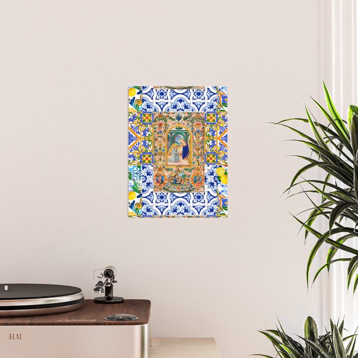 Italian,Sicilian art,holy Mary,Virgin Mary,maiolica,tiles,lemons,Citrus  Poster Gallery Image 2