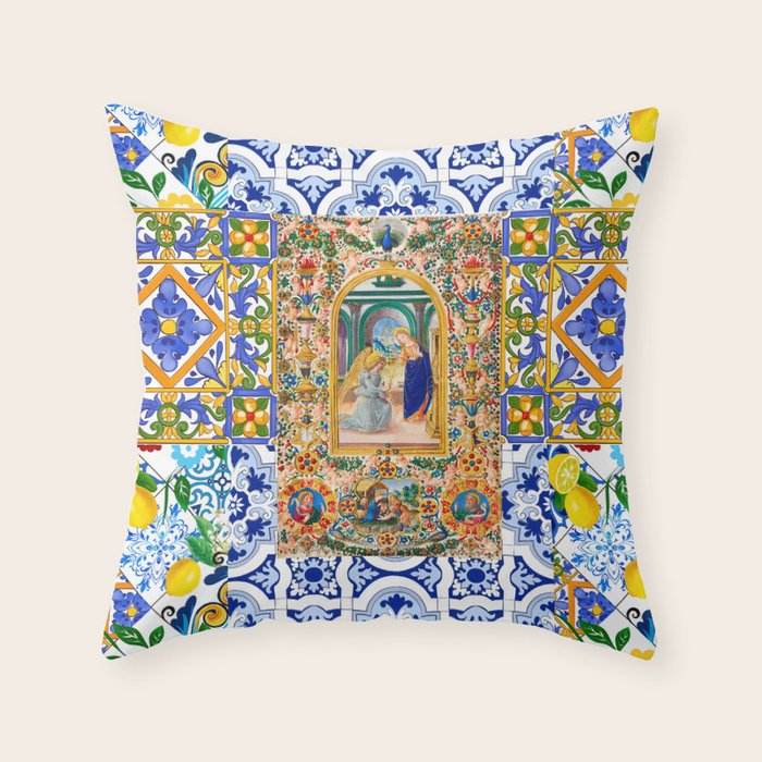 Italian,Sicilian art,holy Mary,Virgin Mary,maiolica,tiles,lemons,Citrus  Throw Pillow Gallery Image 6