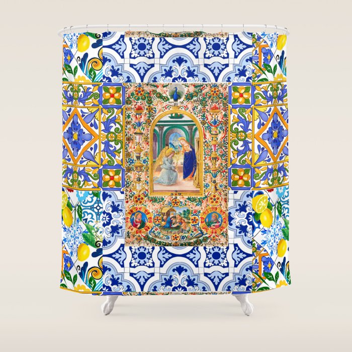 Italian,Sicilian art,holy Mary,Virgin Mary,maiolica,tiles,lemons,Citrus  Shower Curtain Gallery Image 1