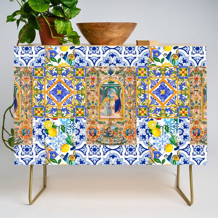 Italian,Sicilian art,holy Mary,Virgin Mary,maiolica,tiles,lemons,Citrus  Credenza Gallery Image 1