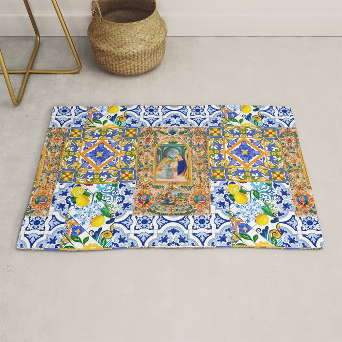 Italian,Sicilian art,holy Mary,Virgin Mary,maiolica,tiles,lemons,Citrus  Rug Gallery Image 1