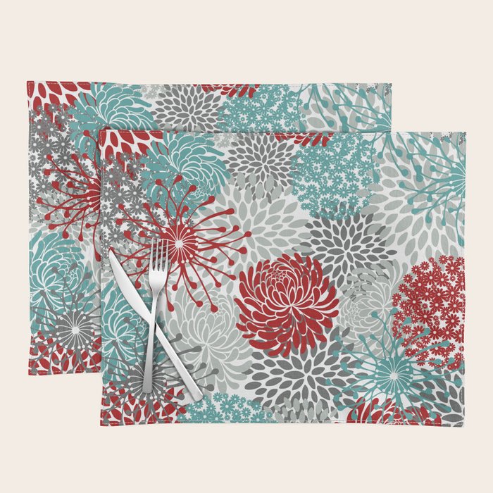 Festive, Flowers in Red, Teal and Gray Placemat Gallery Image 1