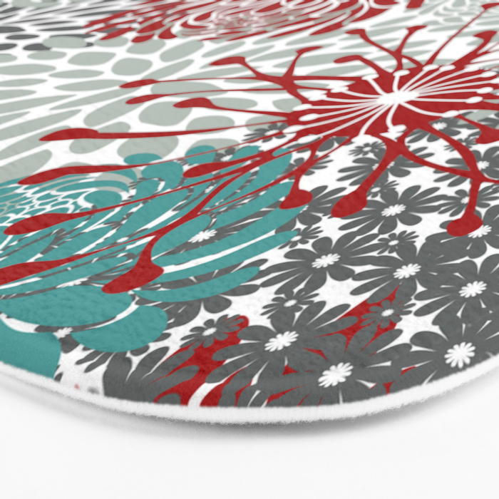 Festive, Flowers in Red, Teal and Gray Bath Mat Gallery Image 3