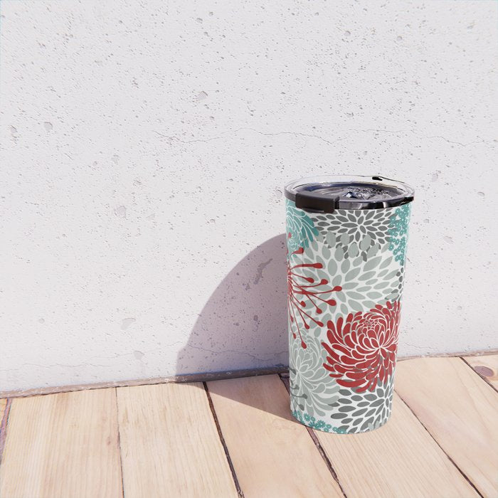 Festive, Flowers in Red, Teal and Gray Travel Mug Gallery Image 4