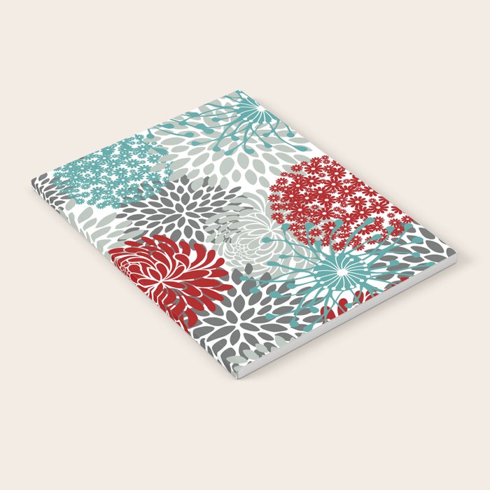 Festive, Flowers in Red, Teal and Gray Notebook Gallery Image 2