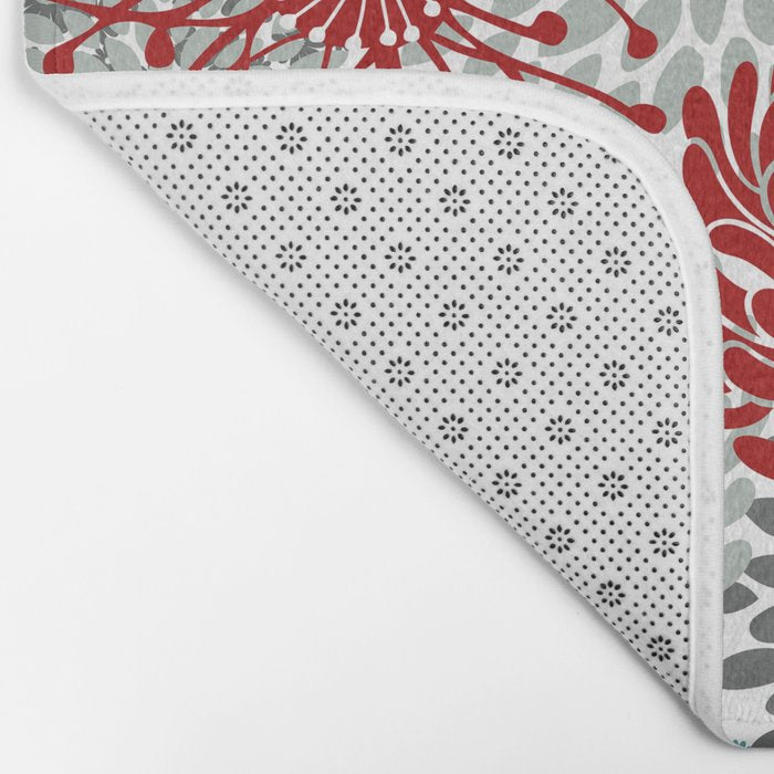 Festive, Flowers in Red, Teal and Gray Bath Mat Gallery Image 2