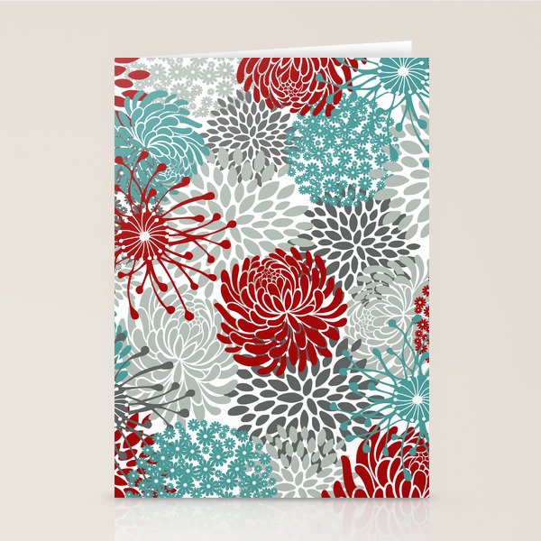 Festive, Flowers in Red, Teal and Gray Stationery Card Gallery Image 2