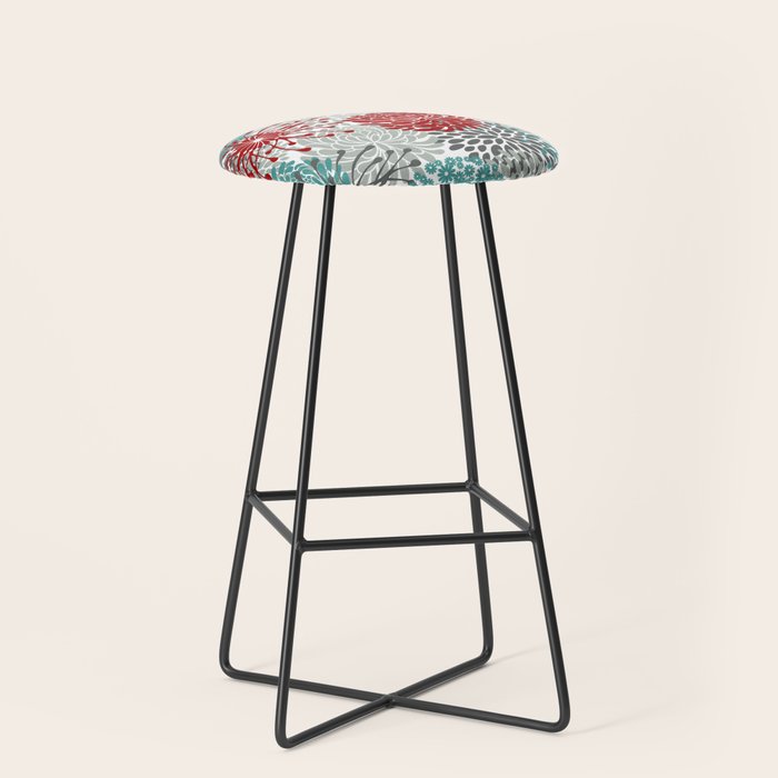 Festive, Flowers in Red, Teal and Gray Stool Gallery Image 1