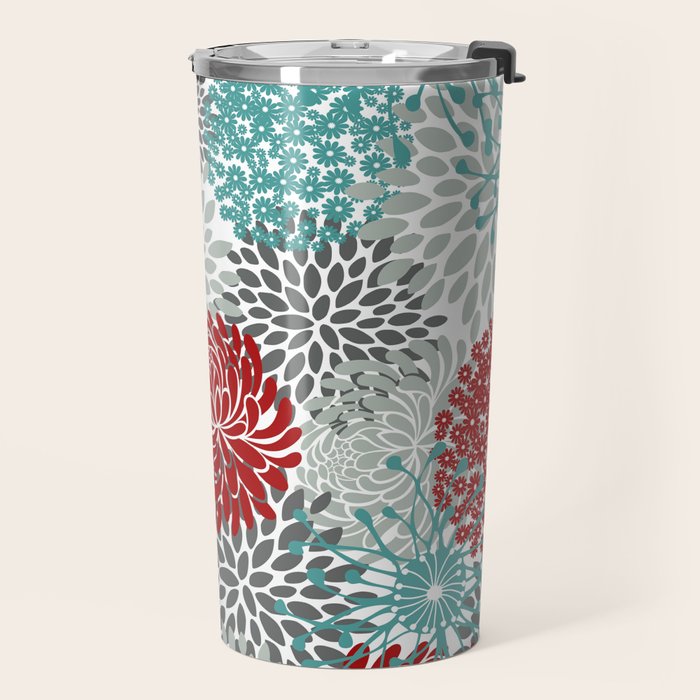 Festive, Flowers in Red, Teal and Gray Travel Mug Gallery Image 2