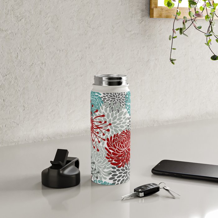 Festive, Flowers in Red, Teal and Gray Water Bottle Gallery Image 4