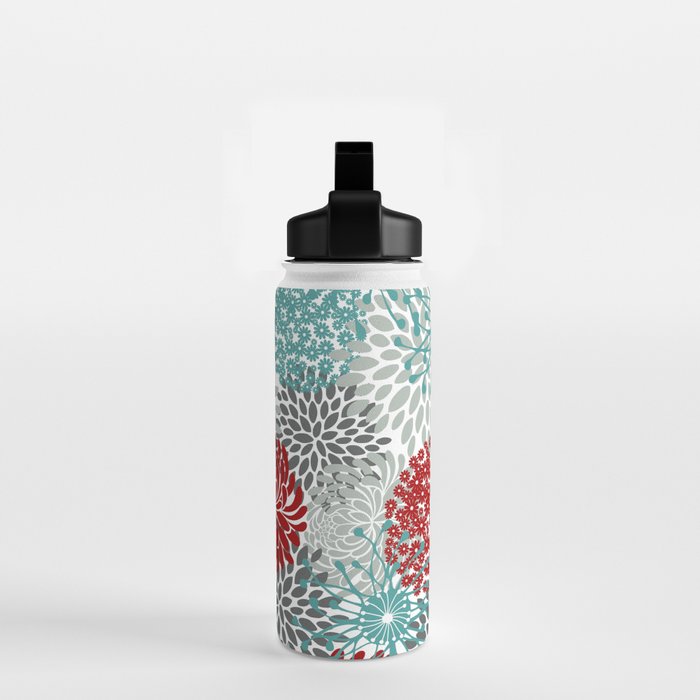 Festive, Flowers in Red, Teal and Gray Water Bottle Gallery Image 2