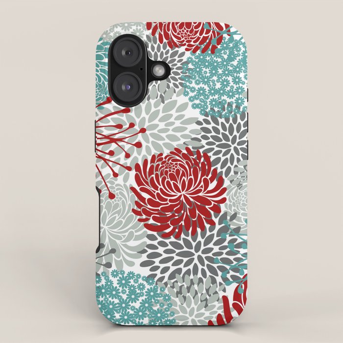 Festive, Flowers In Red, Teal And Gray Iphone Case