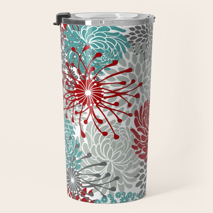 Festive, Flowers in Red, Teal and Gray Travel Mug Gallery Image 3
