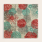 Festive, Flowers in Red, Teal and Gray Wood Wall Art Gallery Image 1