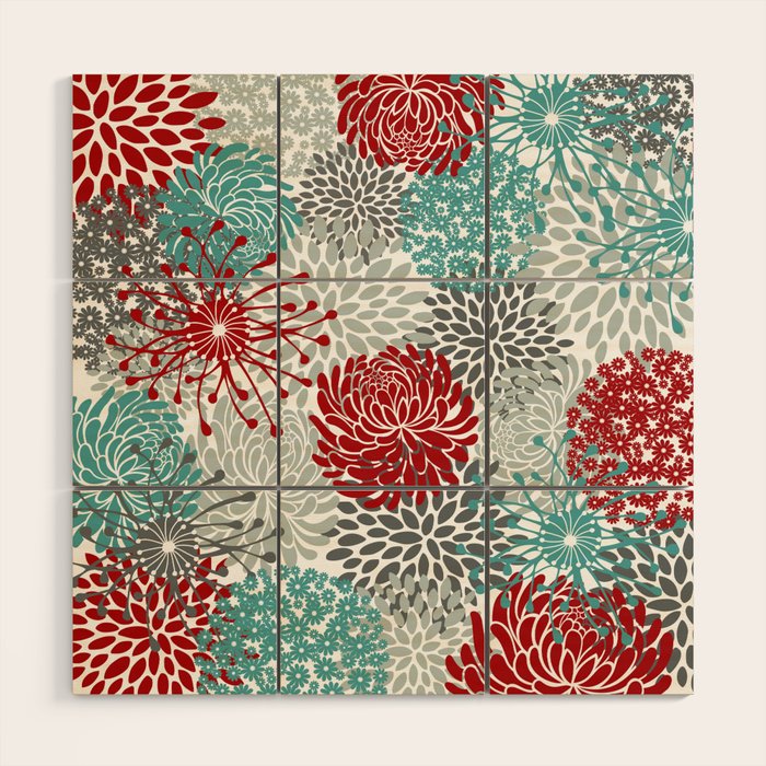 Festive, Flowers in Red, Teal and Gray Wood Wall Art Gallery Image 1