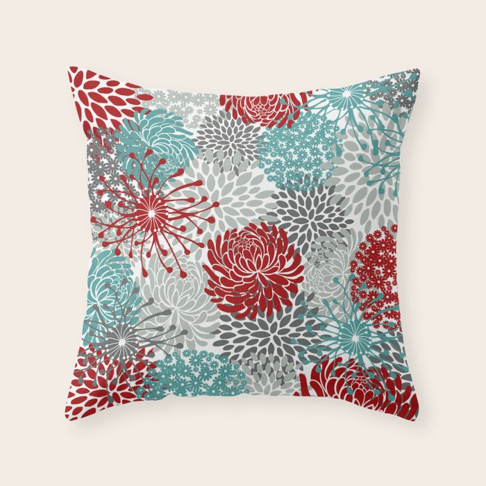 Festive, Flowers in Red, Teal and Gray Throw Pillow Gallery Image 6