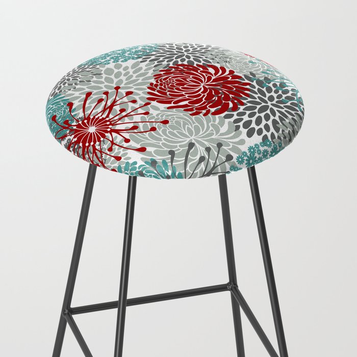 Festive, Flowers in Red, Teal and Gray Stool Gallery Image 2