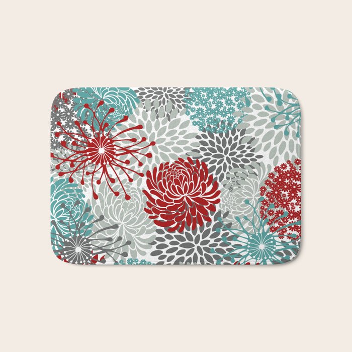 Festive, Flowers in Red, Teal and Gray Bath Mat Gallery Image 1