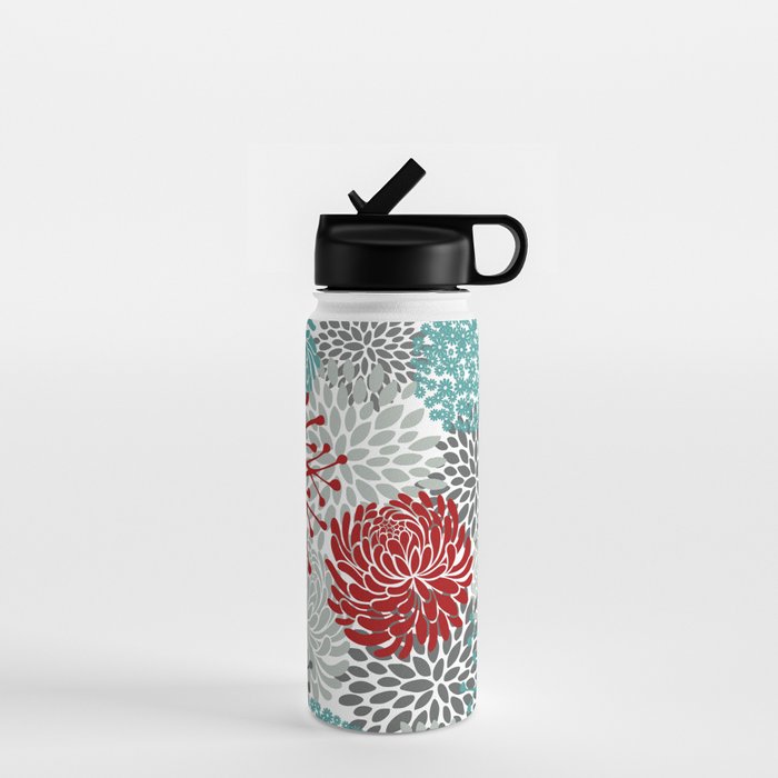 Festive, Flowers in Red, Teal and Gray Water Bottle Gallery Image 1
