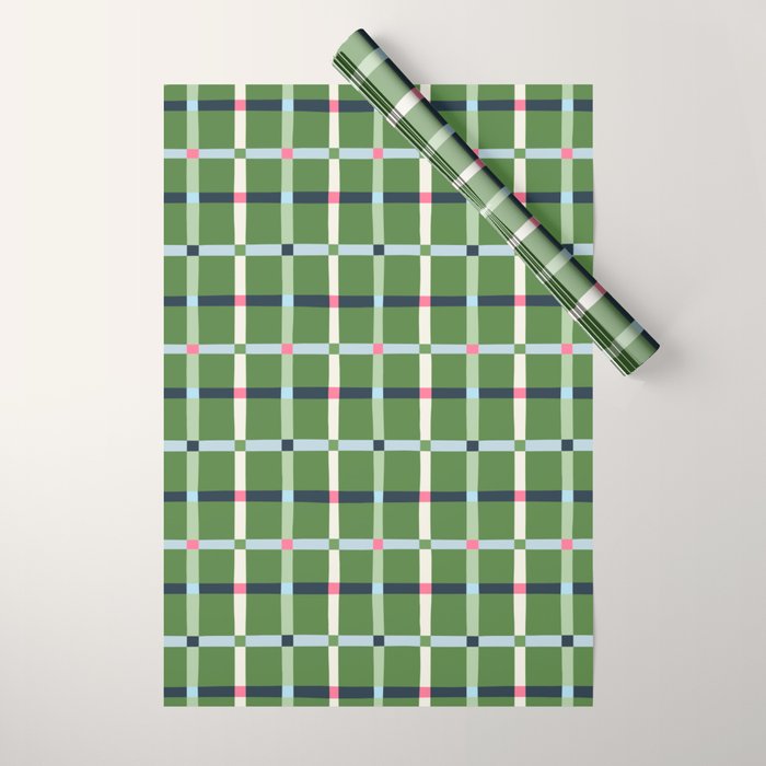 Windowpane Plaid Blue Pink on Green Wrapping Paper Gallery Image 1